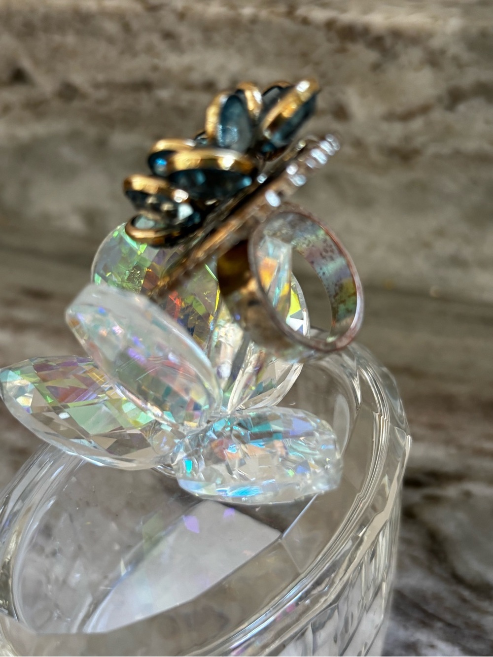 Vintage Blue Rhinestone Flower Statement Ring | Two-Tone Gold & Silver - Picture 2 of 4